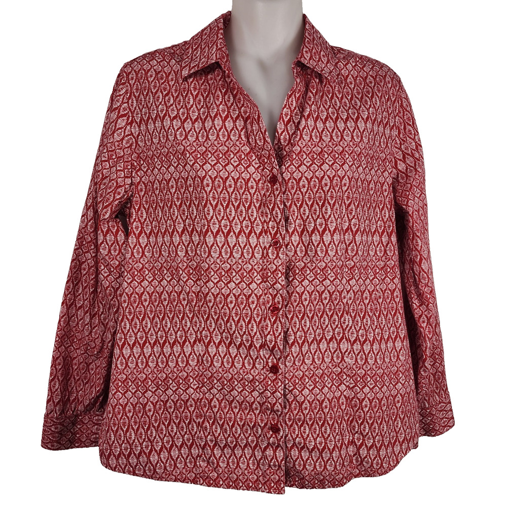 Chico's Scarlet Red Whimsy Mix Lorena Shirt Long Sleeve Button Size 1 US Medium